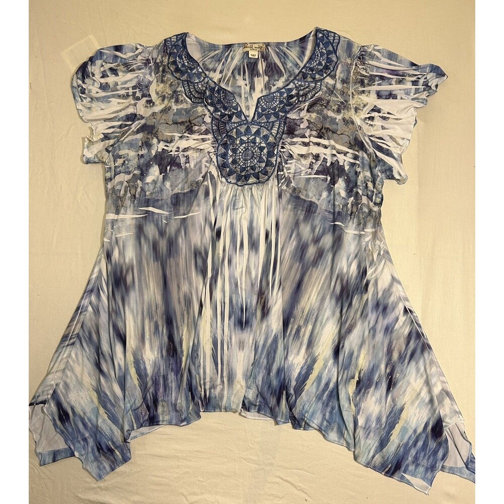 Womans WORLD UNITY lace trimmed Boho Style sharkbite hemline short sleeve sz 3X